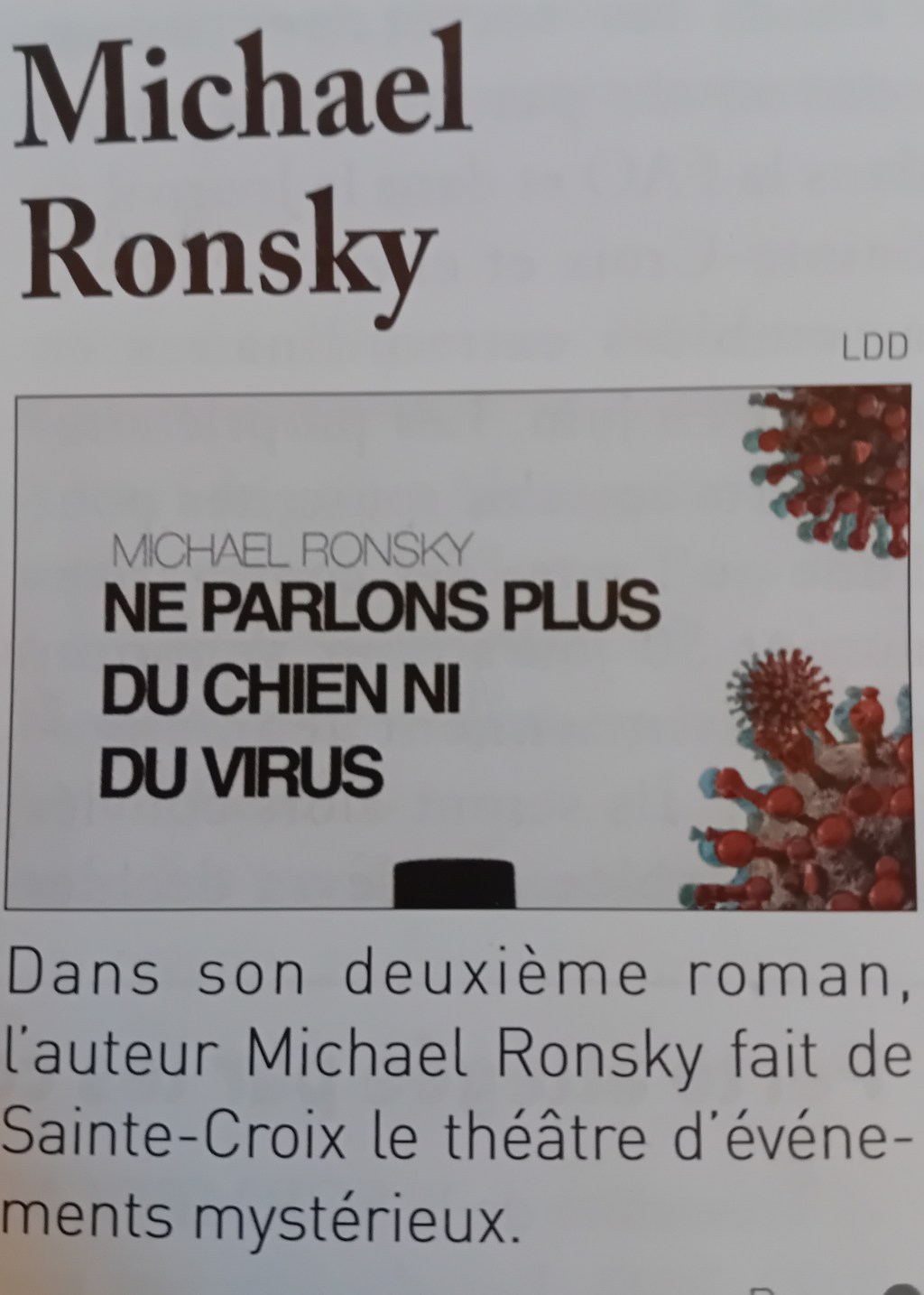 Presse : « Ne parlons plus ni du chien ni du virus », par Maureen Miles, Journal de&nbsp;Sainte-Croix
